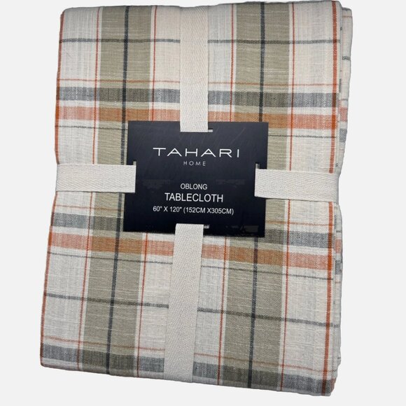 Tahari Fall Plaid Tablecloth 60x120 Orange Sage Green Cream Gray Cotton Decor - Picture 1 of 6